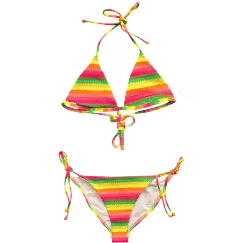L*Space Lily Striped  Deep V Neckline Full Cut Swim Top Bottom Set, S